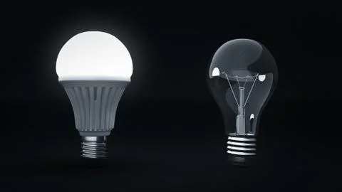 Glowing LED bulb and simple light bulbs. 3d rendering Stock Illustration