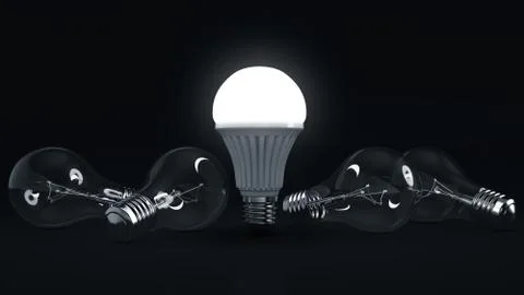 Glowing LED bulb and simple light bulbs. 3d rendering Stock Illustration