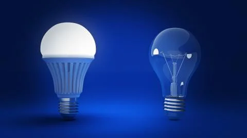 Glowing LED bulb and simple light bulbs. 3d rendering Stock Illustration