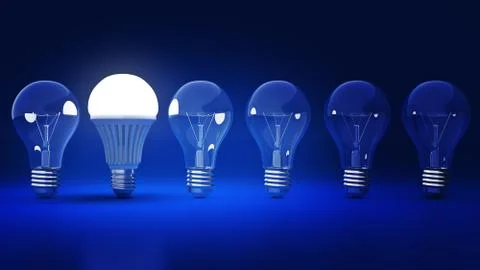 Glowing LED bulb and simple light bulbs. 3d rendering Stock Illustration