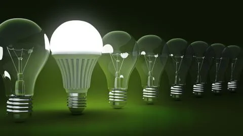 Glowing LED bulb and simple light bulbs. 3d rendering Stock Illustration