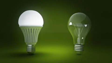 Glowing LED bulb and simple light bulbs. 3d rendering Stock Illustration