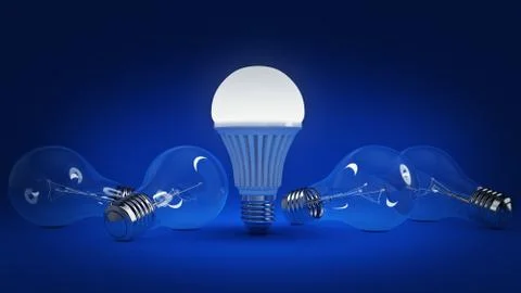 Glowing LED bulb and simple light bulbs. 3d rendering Stock Illustration