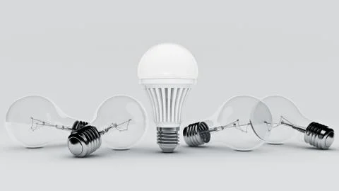 Glowing LED bulb and simple light bulbs. 3d rendering Stock Illustration