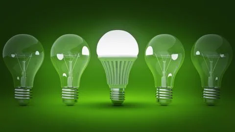 Glowing LED bulb and simple light bulbs. 3d rendering Stock Illustration