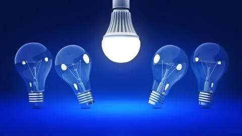 Glowing LED bulb and simple light bulbs. 3d rendering Stock Illustration