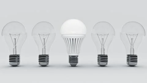 Glowing LED bulb and simple light bulbs. 3d rendering Stock Illustration