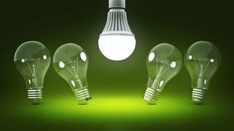 Glowing LED bulb and simple light bulbs. 3d rendering Stock Illustration