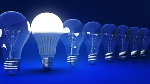 Glowing LED bulb and simple light bulbs. 3d rendering Stock Illustration