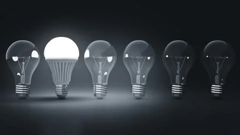 Glowing LED bulb and simple light bulbs. 3d rendering Stock Illustration