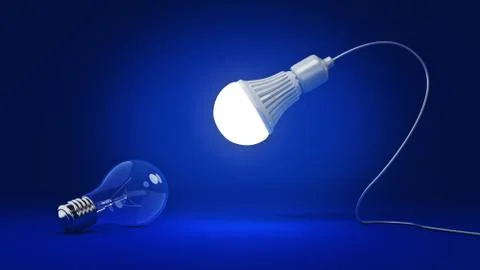 Glowing LED bulb and simple light bulbs. 3d rendering Stock Illustration