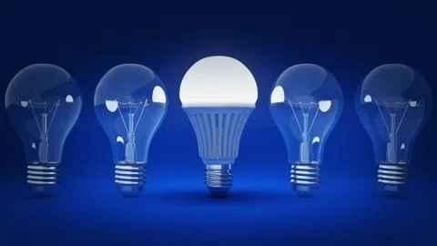 Glowing LED bulb and simple light bulbs. 3d rendering Stock Illustration