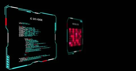 Glowing left panel reading AI DATA MINING showing code in virtual HUD, red grid, Stock Photos