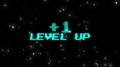 Glowing Level Up Text Animation with Floating Particles on a Dark Background Video stock 338441394