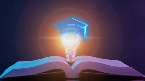 Glowing light bulb and graduation cap with tessel icon above opened book Video stock 258020053