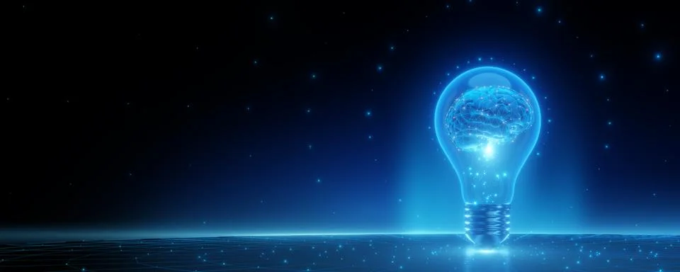 Glowing Light Bulb with Brain Symbolizing AI Stock Illustration