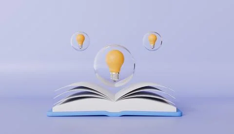 Glowing light bulb in bubbles floating on top of a book, study for knowledg Stock Illustration