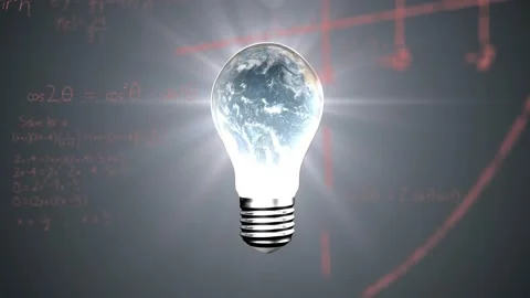 Glowing light bulb emitting rays, causing red math overlays and rotating Earth, Stock-Footage 330577715