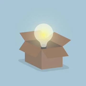 Glowing light bulb float over opened box, Thinking outside the box concept Stock Illustration