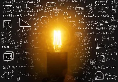 Glowing Light Bulb with Mathematical Formulas and Scientific Equations Stock Photos