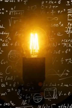 Glowing Light Bulb with Mathematical Formulas and Scientific Equations Stock Photos