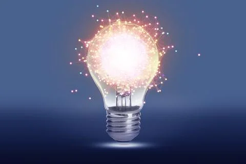 Glowing light bulb with pattern of connected dots on blue gradient backgrou.. Stockfoto's