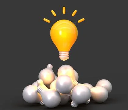 Glowing light bulb with pile old broken or of burnt out lamps on black Illustrazione stock