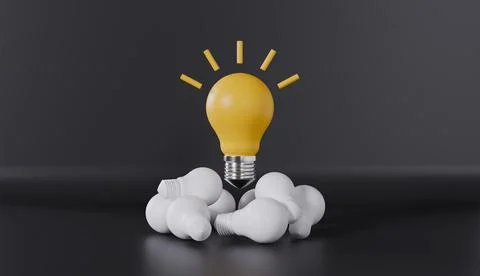 Glowing light bulb with pile old broken or burnt out lamps on black background Stock Illustration