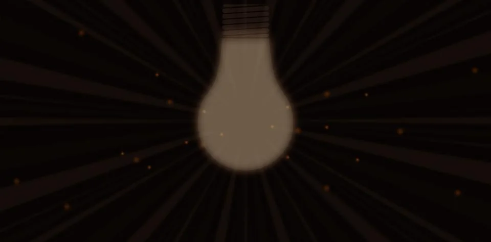 A glowing light bulb radiates warm rays across a dark background, fade and .. Illustrazione stock
