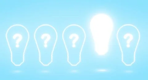 Glowing light bulb in the row on blue background. Solution and idea concept. Illustrazione stock