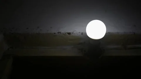 Glowing Light Bulb Shining in Dark Interior Room on Ceiling Stock Footage 348026178