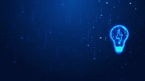 Glowing light bulb tech visual cyan electric symbol, soft blue data rain, and em Stock Footage 340526457