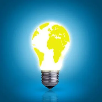 Glowing light bulb with world map on blue background Stock Illustration
