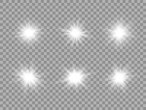 Glowing light effect on transparent background. White star explosion set. Sun Stock Illustration