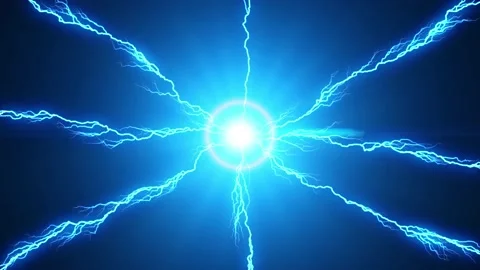 Glowing light emitting bolts of lightning in all directions on black background Stock Footage 156328839