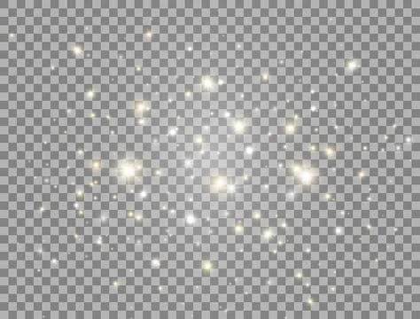 Glowing light flying composition. Glitter golden and white sparkles on transp Stock Illustration