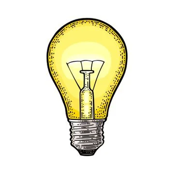 Glowing light incandescent bulb. Vector vintage engraving on white background Stock Illustration