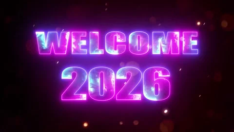 Glowing light neon text welcome 2026 animated background with festive new y.. Stock Footage 321945117