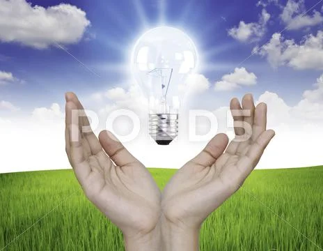 Glowing light in the palms against the blue sky and green grass Stock Illustration