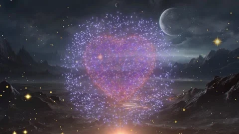 Glowing Light Particles Floating Over a Dark Mountain Landscape Under a Stock Footage 338326564
