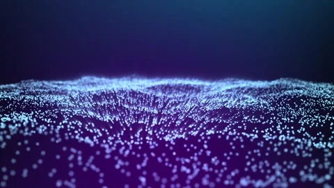 Glowing Light Particles on a Purple and Blue Digital Wave Landscape 動画素材 341780433