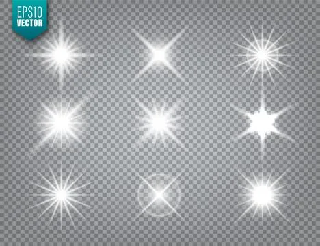 Glowing light on transparent background collection. Lens flare effect. Bright Stock Illustration