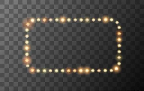 Glowing light vector frame, golden bulbs border, lamp rectangle banner, retro Illustrazione stock