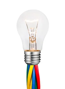 Glowing Lightbulb Attached to Colored Cables Isolated on White Stock Photos