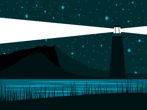 Glowing lighthouse against the background of the starry sky. The night shore  Stock Illustration
