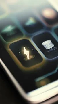 Glowing lightning tile sits beside a database symbol on a portrait Stock Photos
