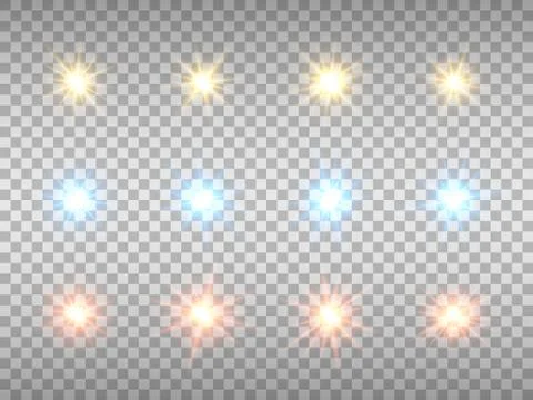 Glowing lights collection on transparent background. Color stars set. Abstract Stock Illustration