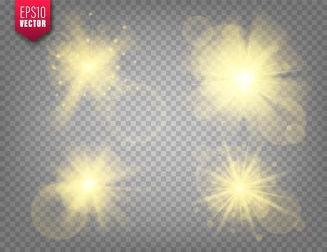 Glowing lights set on transparent background. Lens flare effect. Bright Stock Illustration