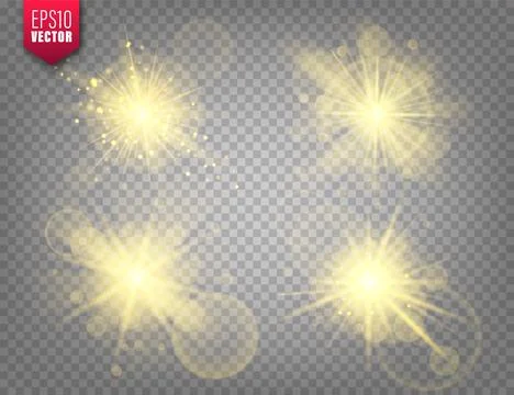 Glowing lights set on transparent background. Lens flare effect. Bright Illustrazione stock