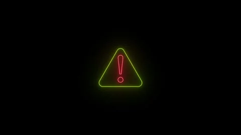 Glowing lime green triangle warning sign with neon red exclamation mark 4k Video stock 346166591